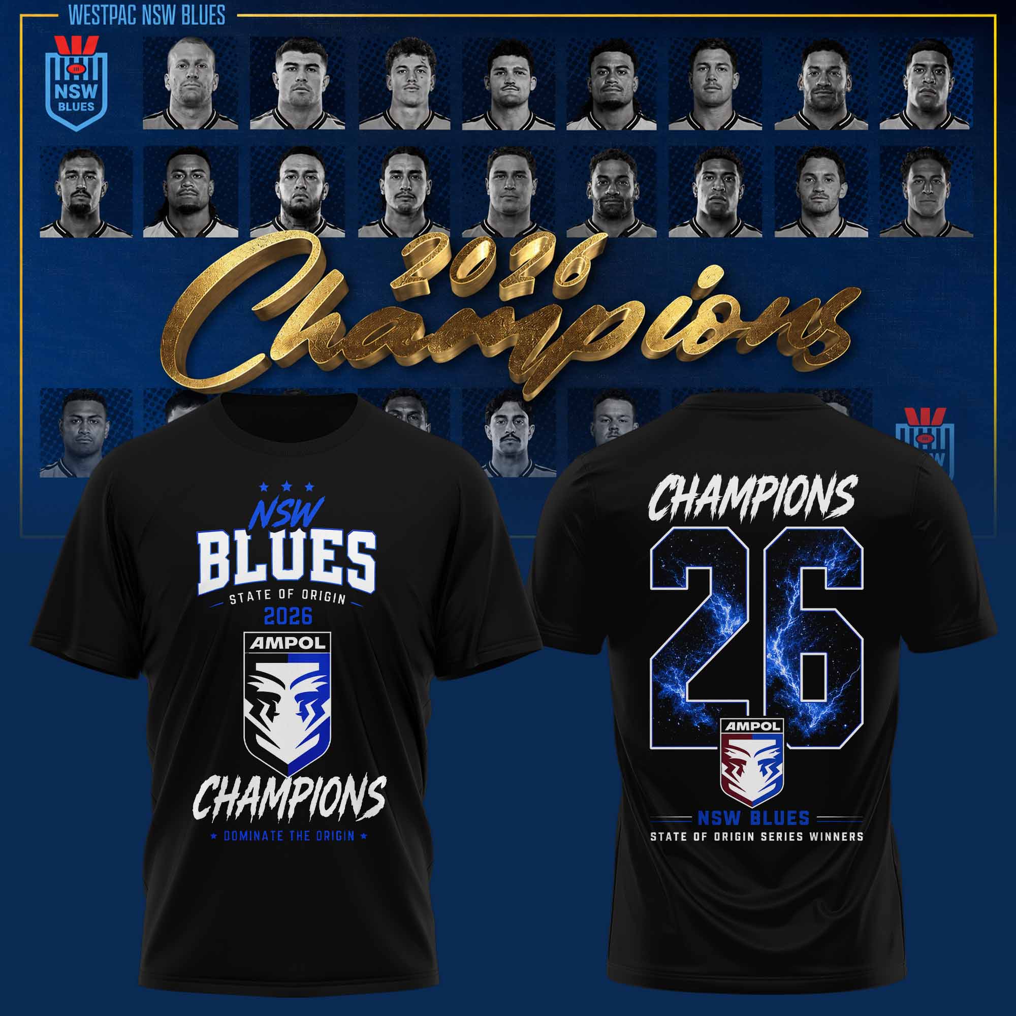 New South Wales Blues 2026 State Of Origin Champions Premium Fan T Shirt Collection