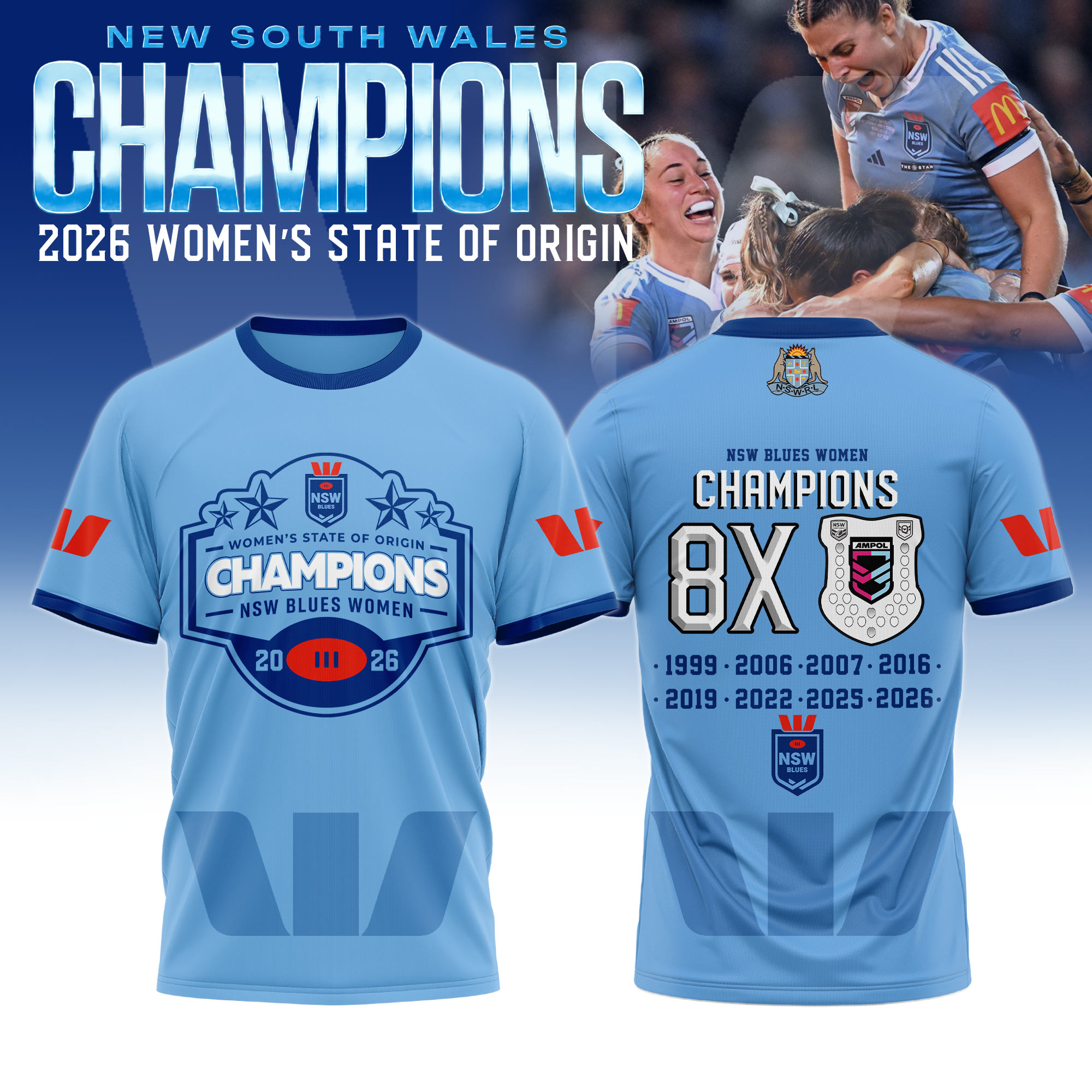 New South Wales Blues 2026 Womens State Of Origin Champions Graphic T Shirt Gifts For Fans