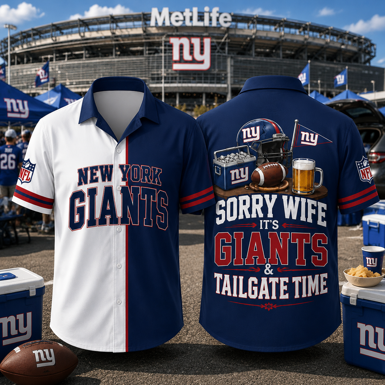 New York Giants Sorry Wife It's Giants & Tailgate Time Baseball Jersey NFL Fan Gift Half White Half Blue Button Up Shirt