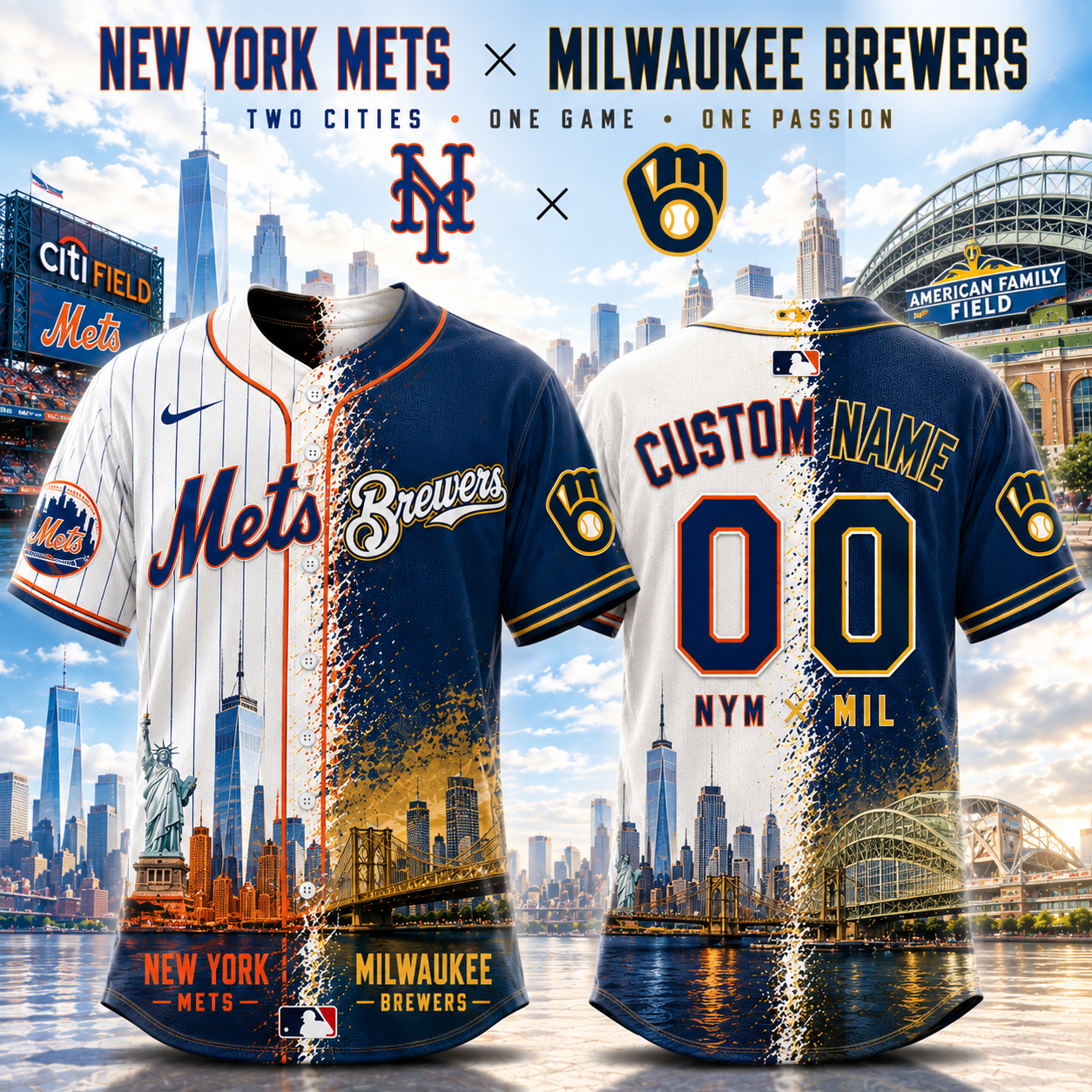 New York Mets x Milwaukee Brewers Custom Name Number Baseball Jersey For Fans