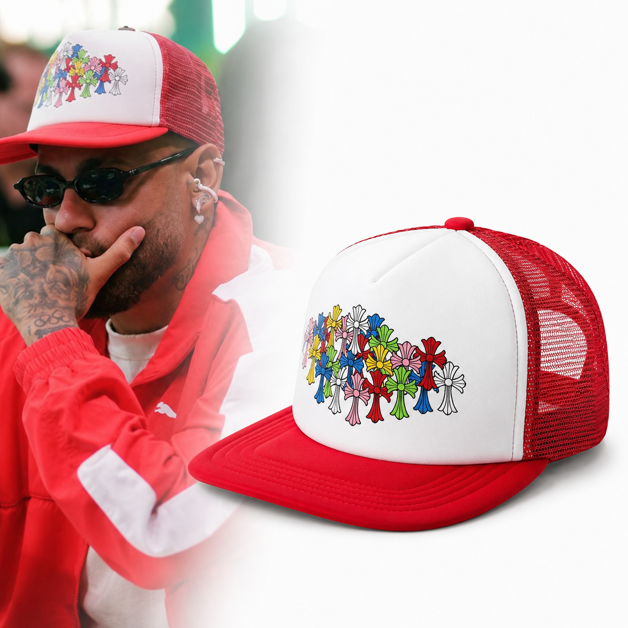 Neymar Chrome Hearts Style Floral Cross Mesh Trucker Cap Red White Fashion Hat
