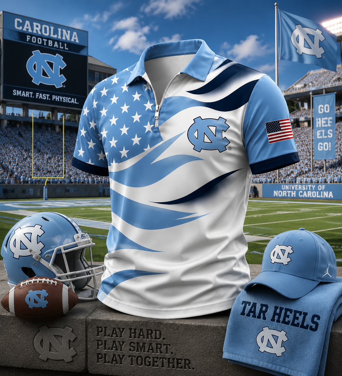 North Carolina Tar Heels American Flag Style Football Polo Shirt College Spirit Outfit