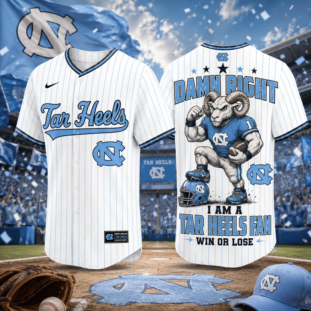 North Carolina Tar Heels Baseball Jersey Damn Right I Am A Tar Heels Fan Win Or Lose NCAA UNC Tar Heels College Baseball Jersey Gift for Men Women
