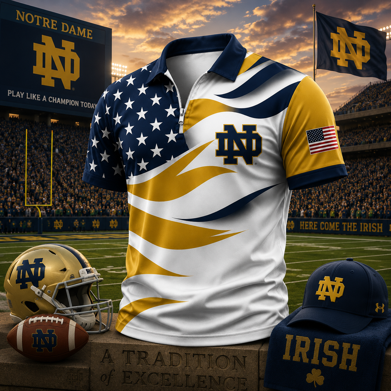 Notre Dame Fighting Irish American Flag Style Football Polo Shirt Fan Game Day Gear