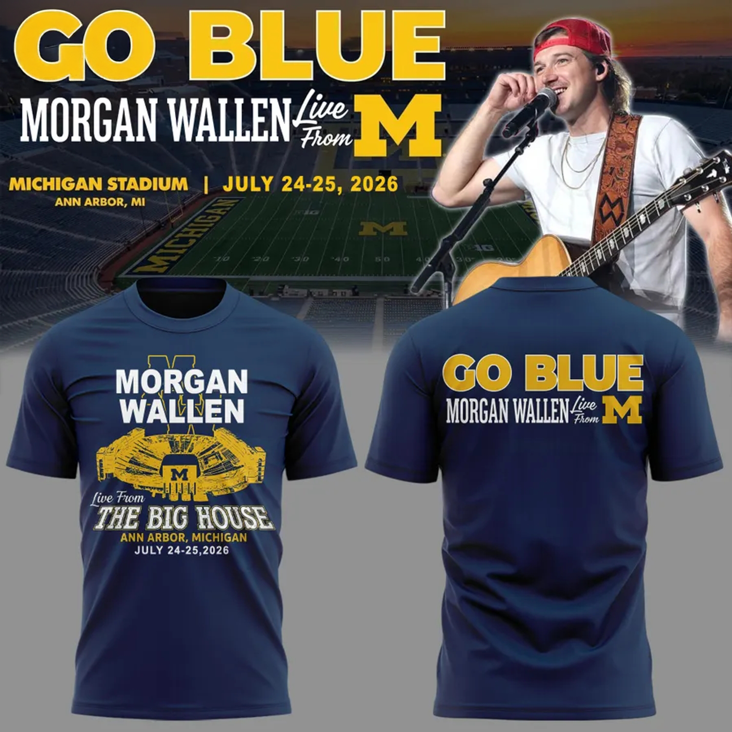 Official Morgan Wallen x Michigan Wolverines Tour 2026 Blue Fan Tee