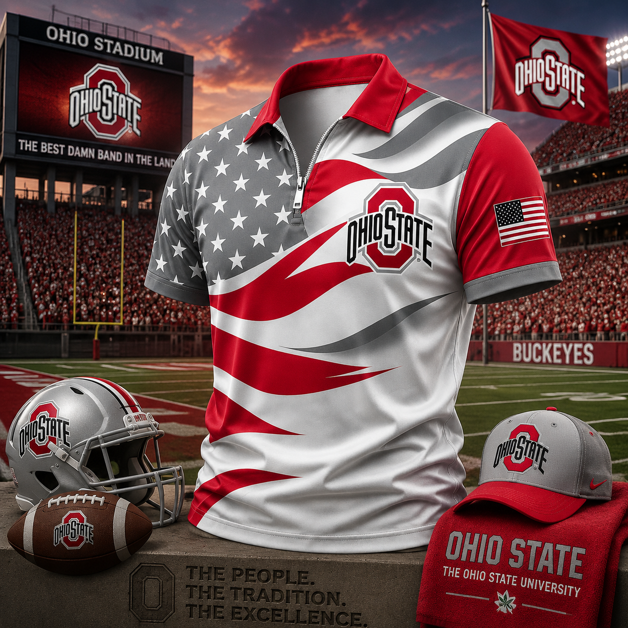 Ohio State Buckeyes American Flag Style Football Polo Shirt College Sports Apparel