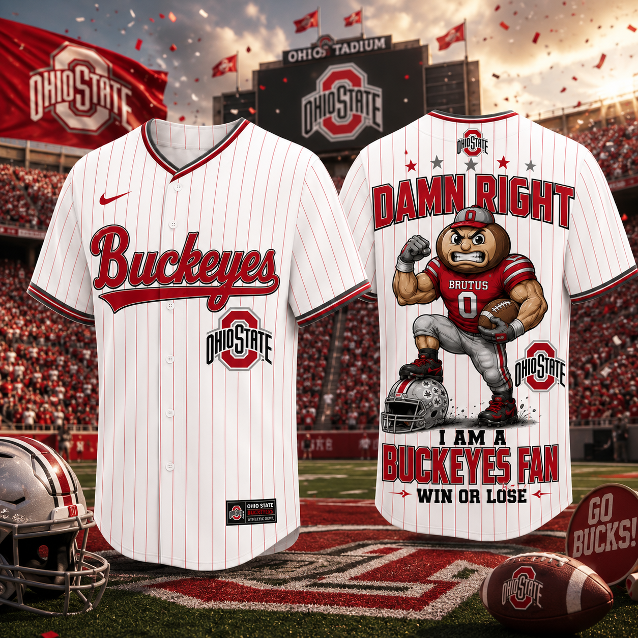 Ohio State Buckeyes Damn Right I Am A Buckeyes Fan Baseball Jersey White Pinstripe Football Fan Gift Custom Name Number