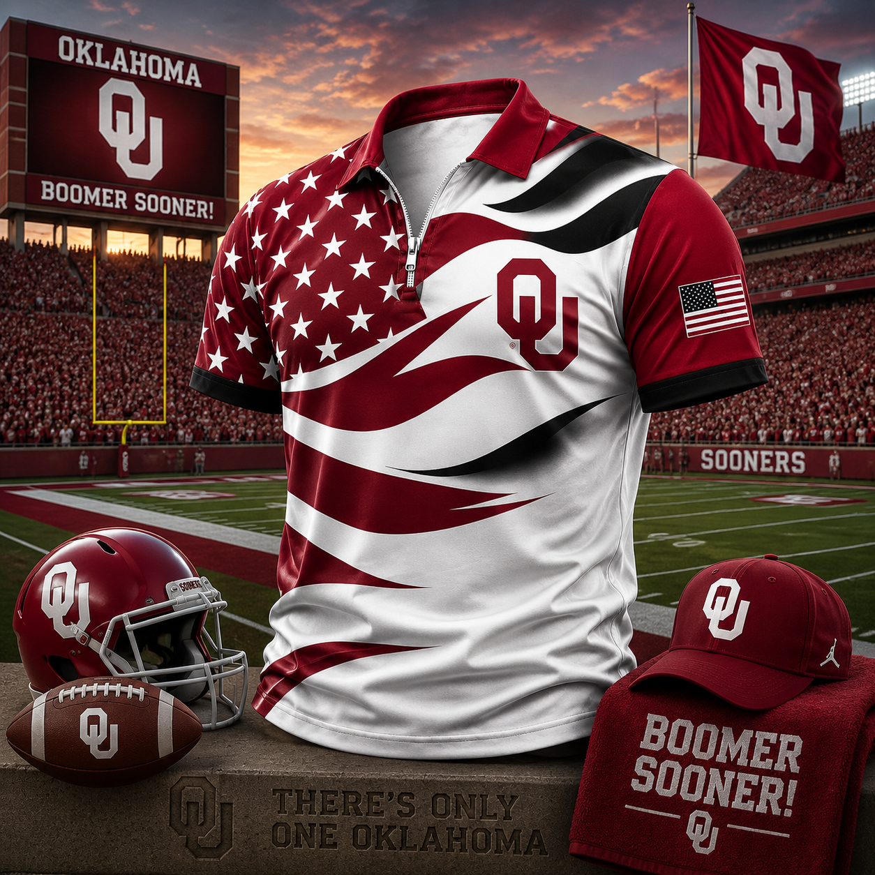 Oklahoma Sooners American Flag Style Football Polo Shirt College Fan Spirit Gear