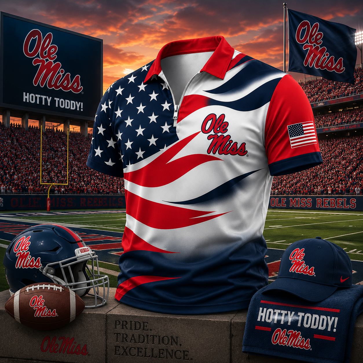 Ole Miss Rebels American Flag Style Football Polo Shirt College Game Day Apparel
