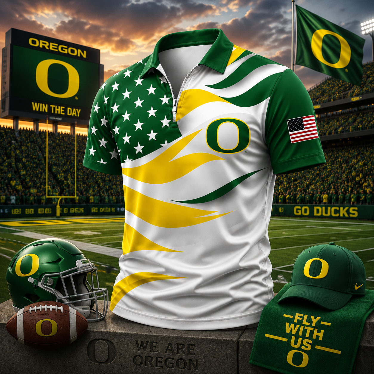 Oregon Ducks American Flag Style Football Polo Shirt College Sports Fan Outfit