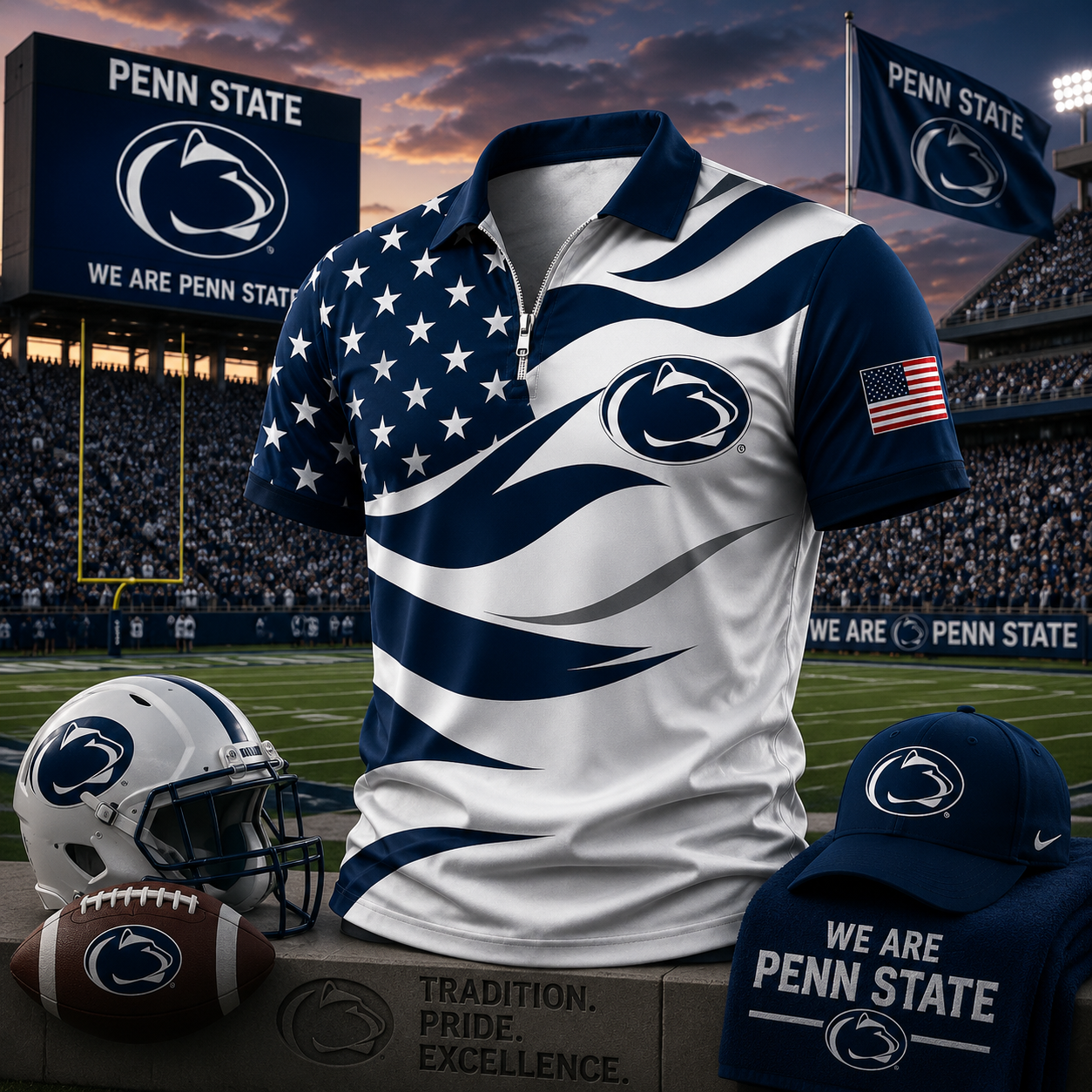 Penn State Nittany Lions American Flag Style Football Polo Shirt Game Day Apparel