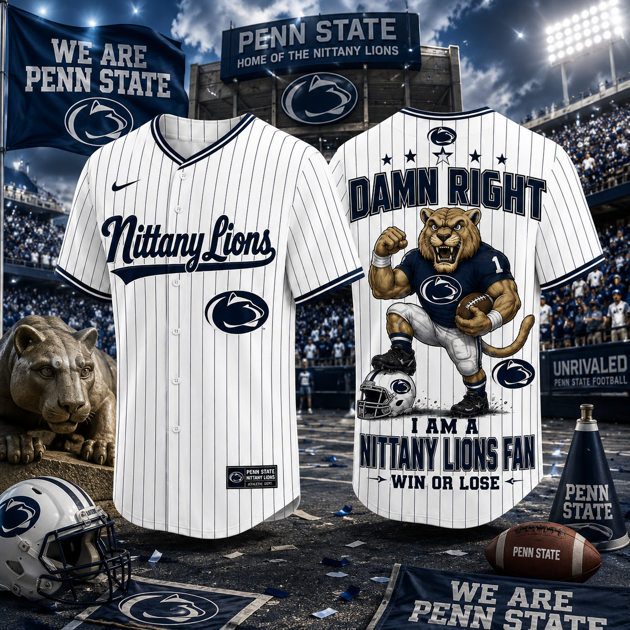 Penn State Nittany Lions Damn Right I Am A Nittany Lions Fan Baseball Jersey White Pinstripe College Football Fan Gift Custom Name Number