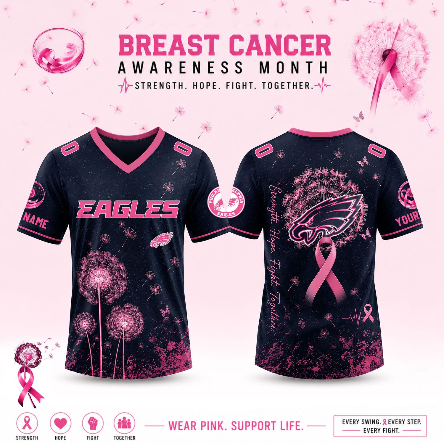Philadelphia Eagles Dandelion Of Hope Breast Cancer Awareness V Neck Jersey Football Fan Apparel 1 - Unicasport Philadelphia Eagles Dandelion Of Hope Breast Cancer Awareness V Neck Jersey Football Fan Apparel