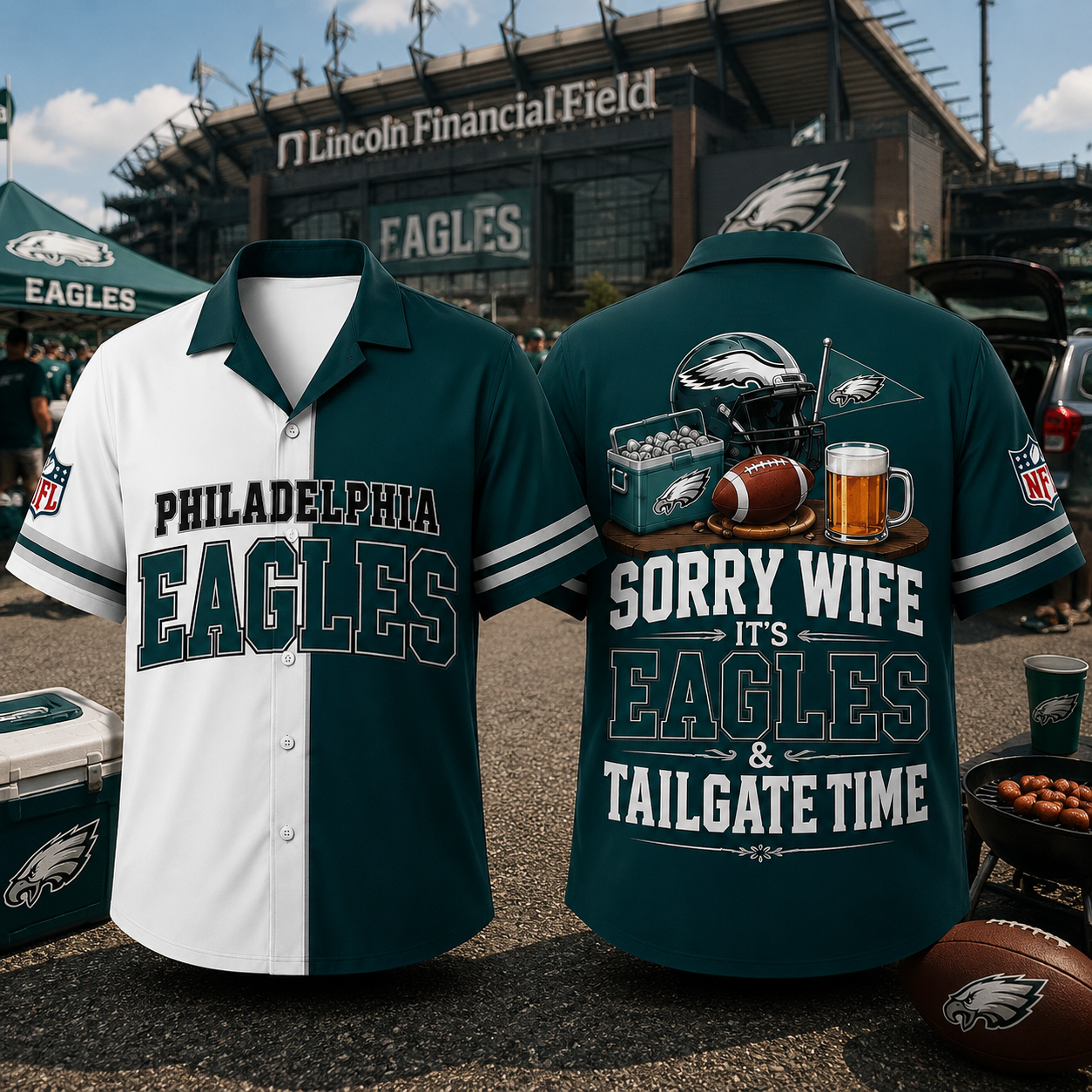 Philadelphia Eagles Sorry Wife It's Eagles & Tailgate Time Baseball Jersey NFL Fan Gift Half White Half Midnight Green Button Up Shirt