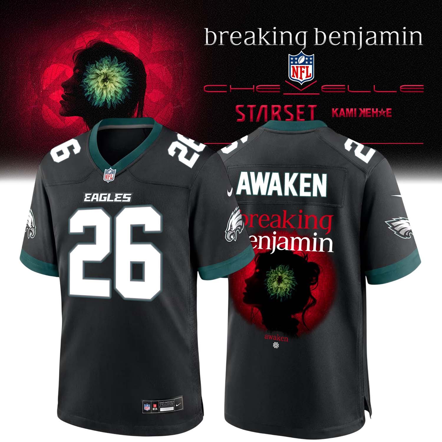 Philadelphia Eagles x Breaking Benjamin 2026 HV Football Jersey NFL Graphic Fan Collection 2 - Unicasport Philadelphia Eagles x Breaking Benjamin 2026 HV Football Jersey NFL Graphic Fan Collection