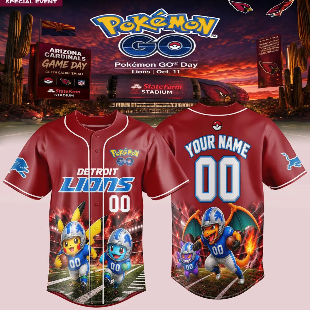 Pikachu Pokemon GO Detroit Lions Game Day Custom Baseball Jersey Sports Fanwear 1 - Unicasport Pikachu Pokemon GO Detroit Lions Game Day Custom Baseball Jersey Sports Fanwear