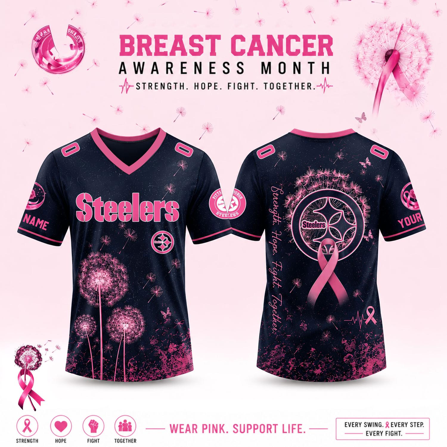 Pittsburgh Steelers Dandelion Of Hope Breast Cancer Awareness V Neck Jersey Football Fan Apparel 1 - Unicasport Pittsburgh Steelers Dandelion Of Hope Breast Cancer Awareness V Neck Jersey Football Fan Apparel