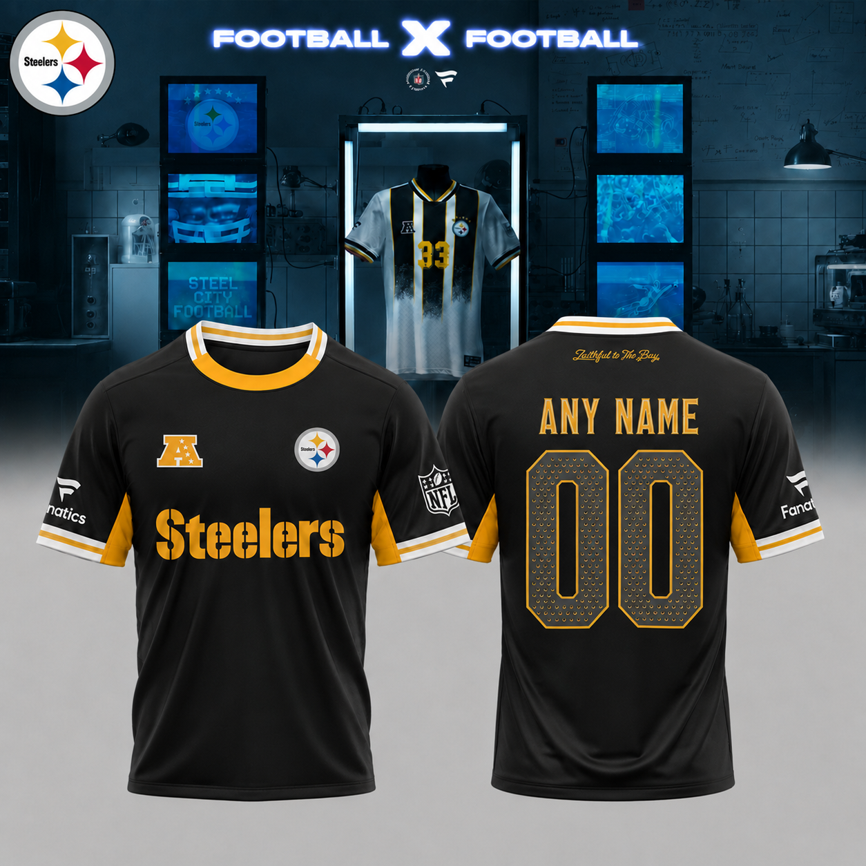Pittsburgh Steelers Football Collared Fan Top Custom Name Number Shirt