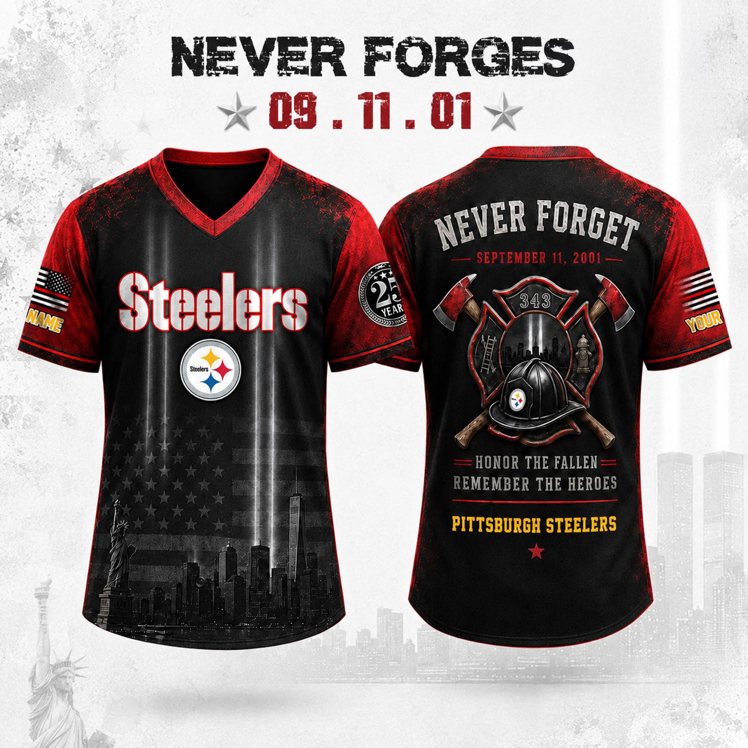 Pittsburgh Steelers Never Forget 911 Memorial Personalized Baseball Jersey Honor The Fallen Remember The Heroes Fan Apparel 1 - Unicasport Pittsburgh Steelers Never Forget 911 Memorial Personalized Baseball Jersey Honor The Fallen Remember The Heroes Fan Apparel