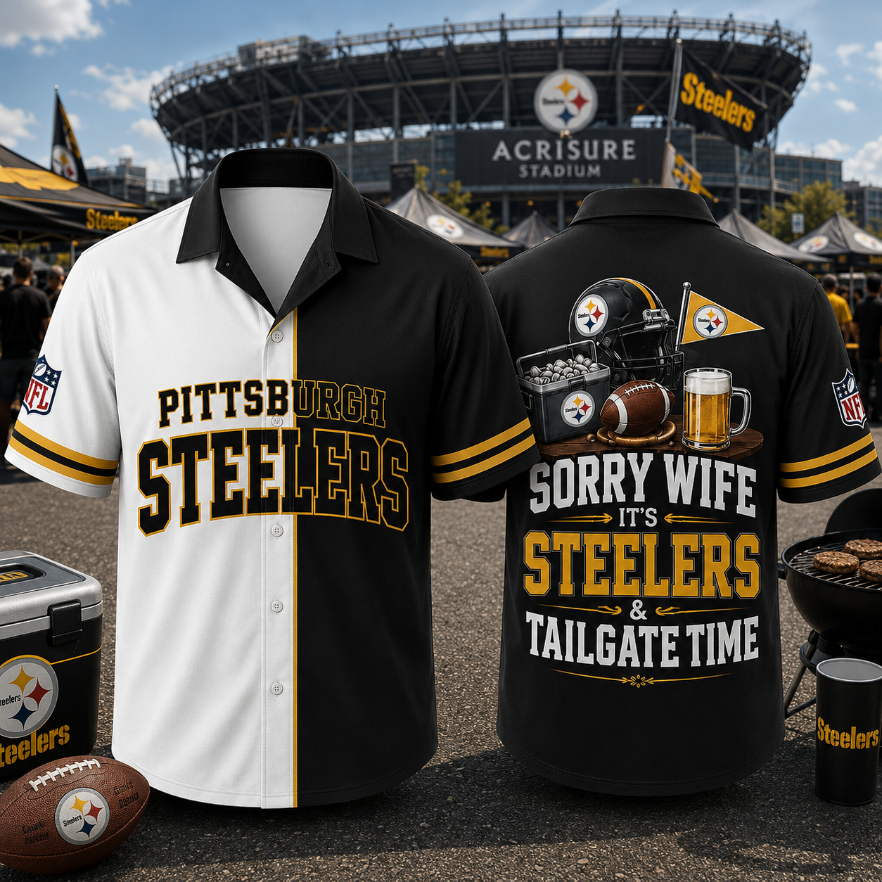 Pittsburgh Steelers Sorry Wife It's Steelers & Tailgate Time Baseball Jersey NFL Fan Gift Half White Half Black Button Up Shirt