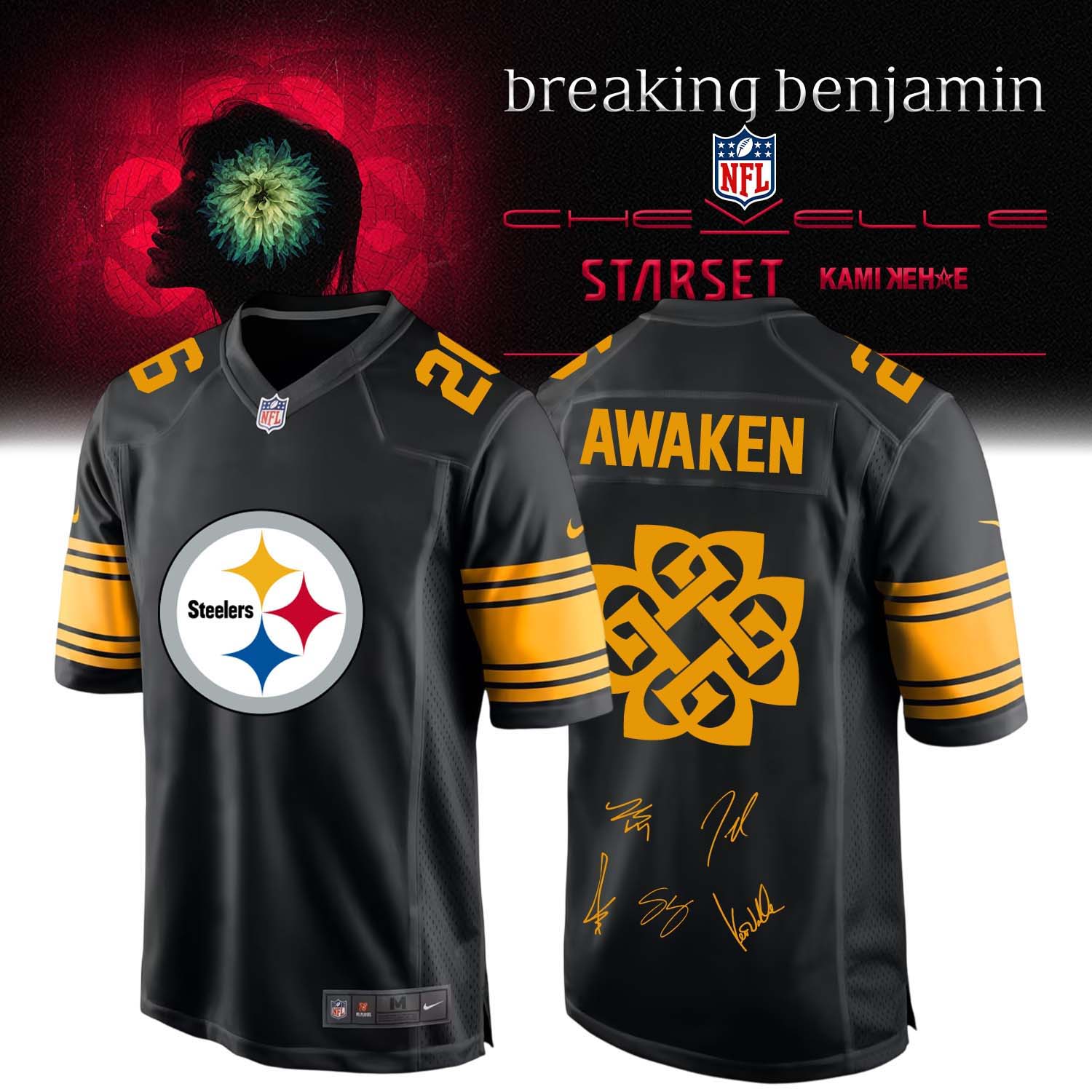 Pittsburgh Steelers x Breaking Benjamin 2026 HV Football Jersey NFL Graphic Fan Collection 2 - Unicasport Pittsburgh Steelers x Breaking Benjamin 2026 HV Football Jersey NFL Graphic Fan Collection