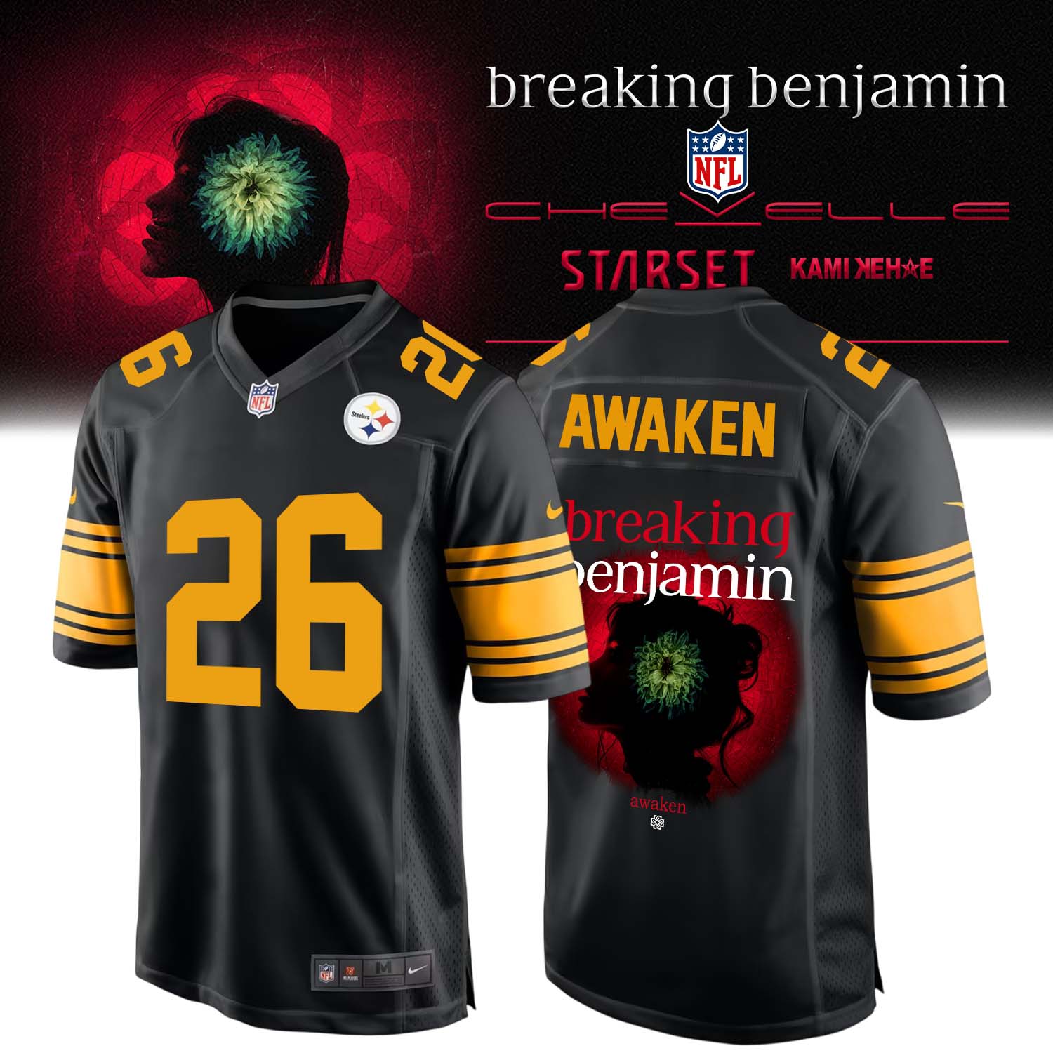 Pittsburgh Steelers x Breaking Benjamin 2026 HV Football Jersey NFL Rock Crossover Fan Apparel 1 - Unicasport Pittsburgh Steelers x Breaking Benjamin 2026 HV Football Jersey NFL Rock Crossover Fan Apparel