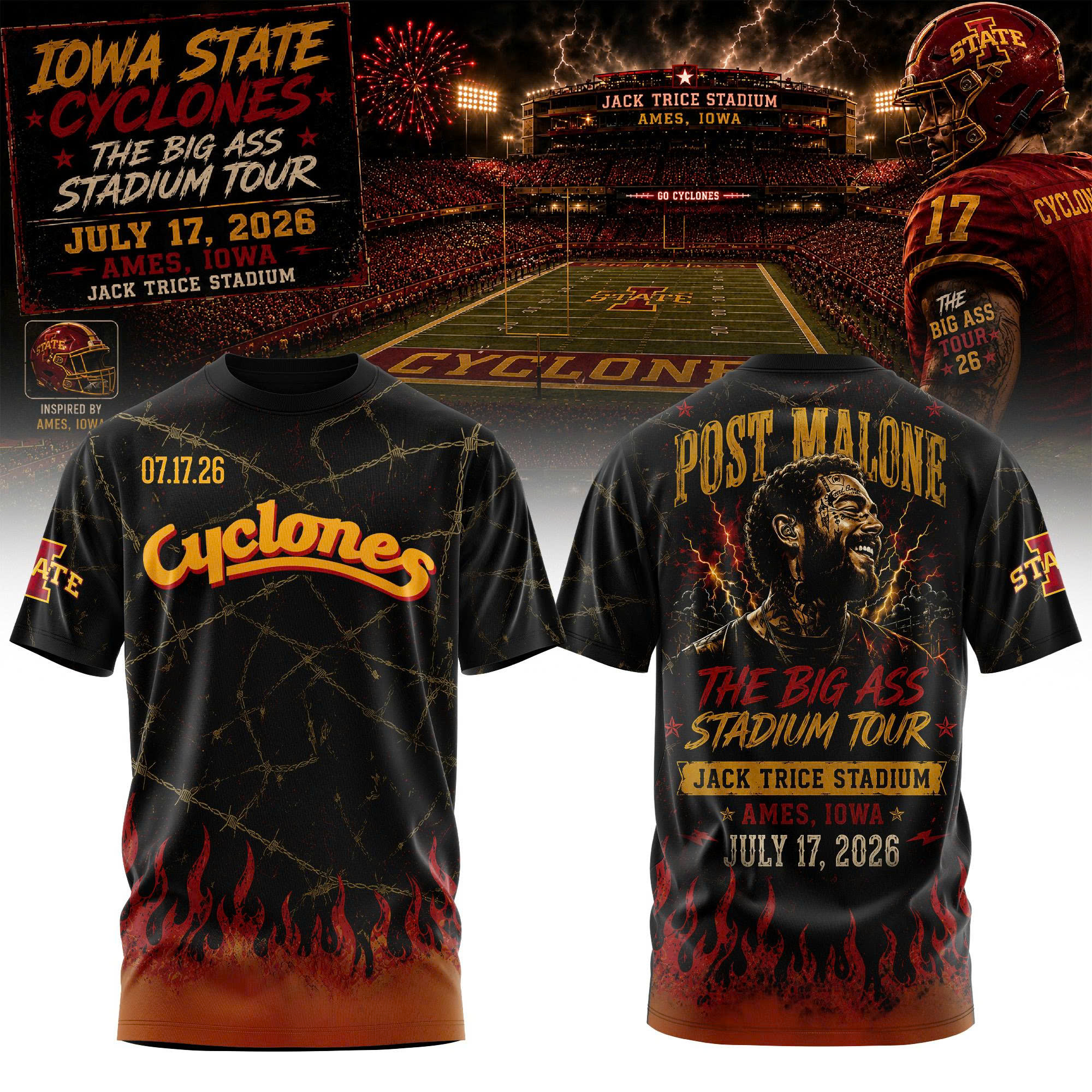 Post Malone Iowa State Cyclones Tour Premium Concert Graphic Tee