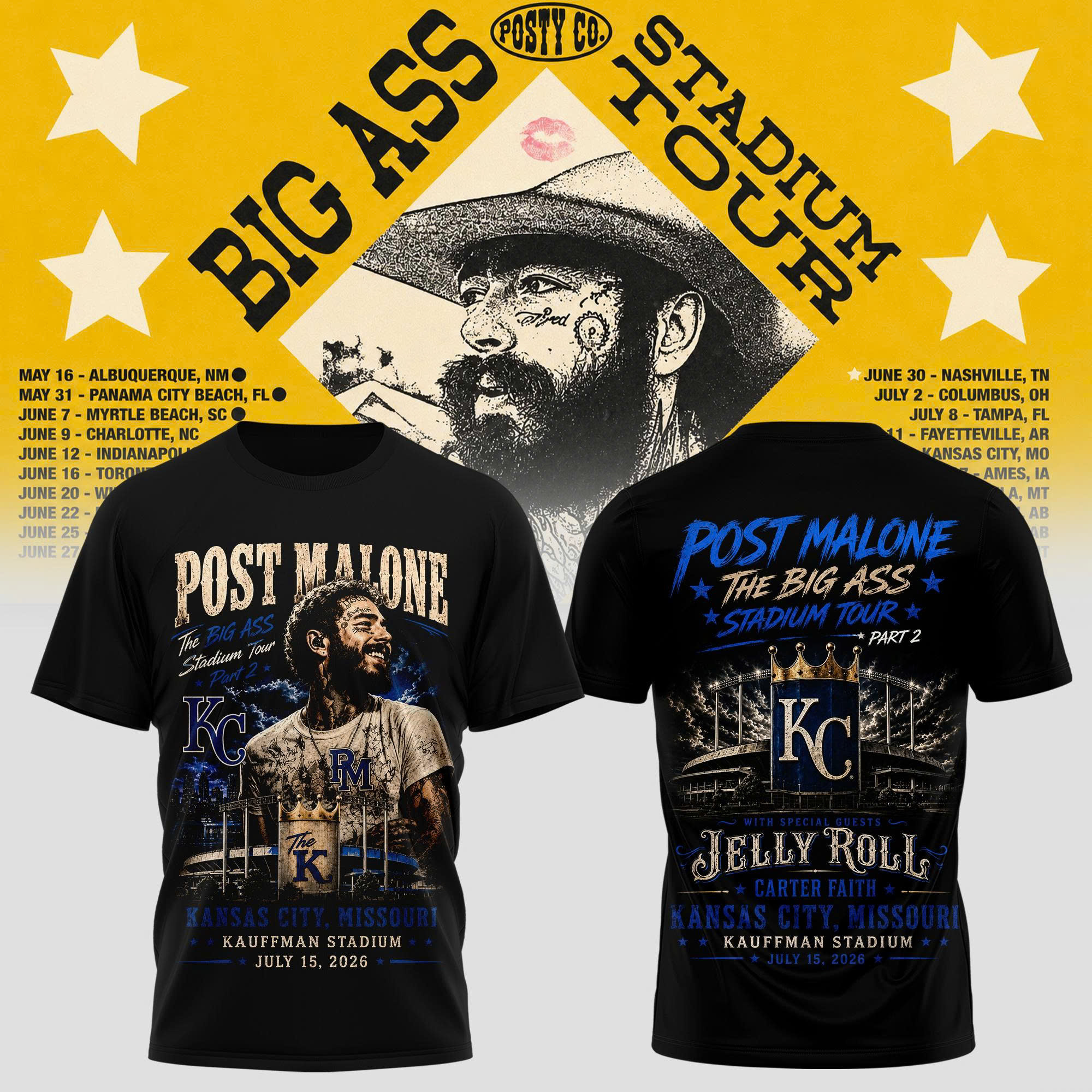 Post Malone Kansas City Tour 2026 Kauffman Stadium Concert Graphic T Shirt