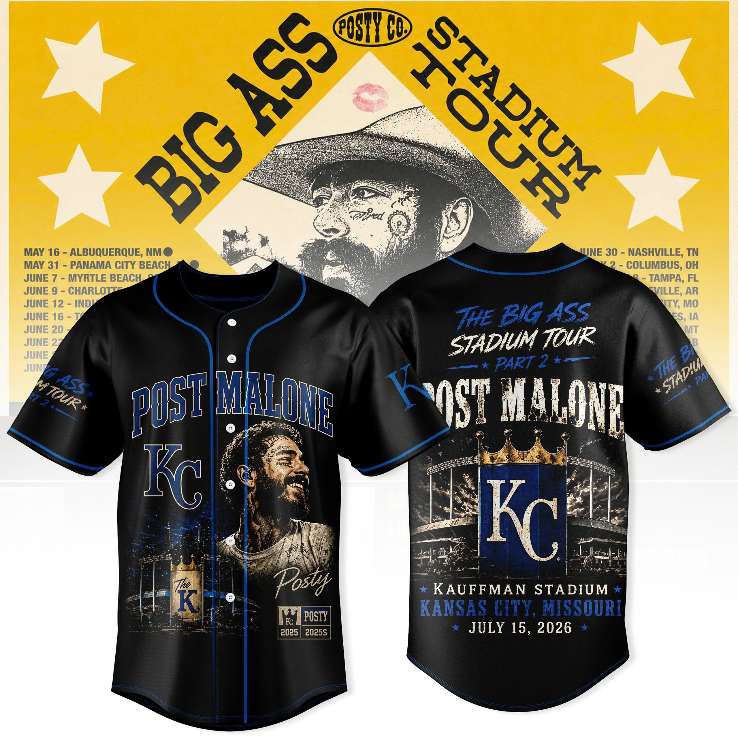 Post Malone Kansas City Tour 2026 Kauffman Stadium Limited Edition Baseball Jersey