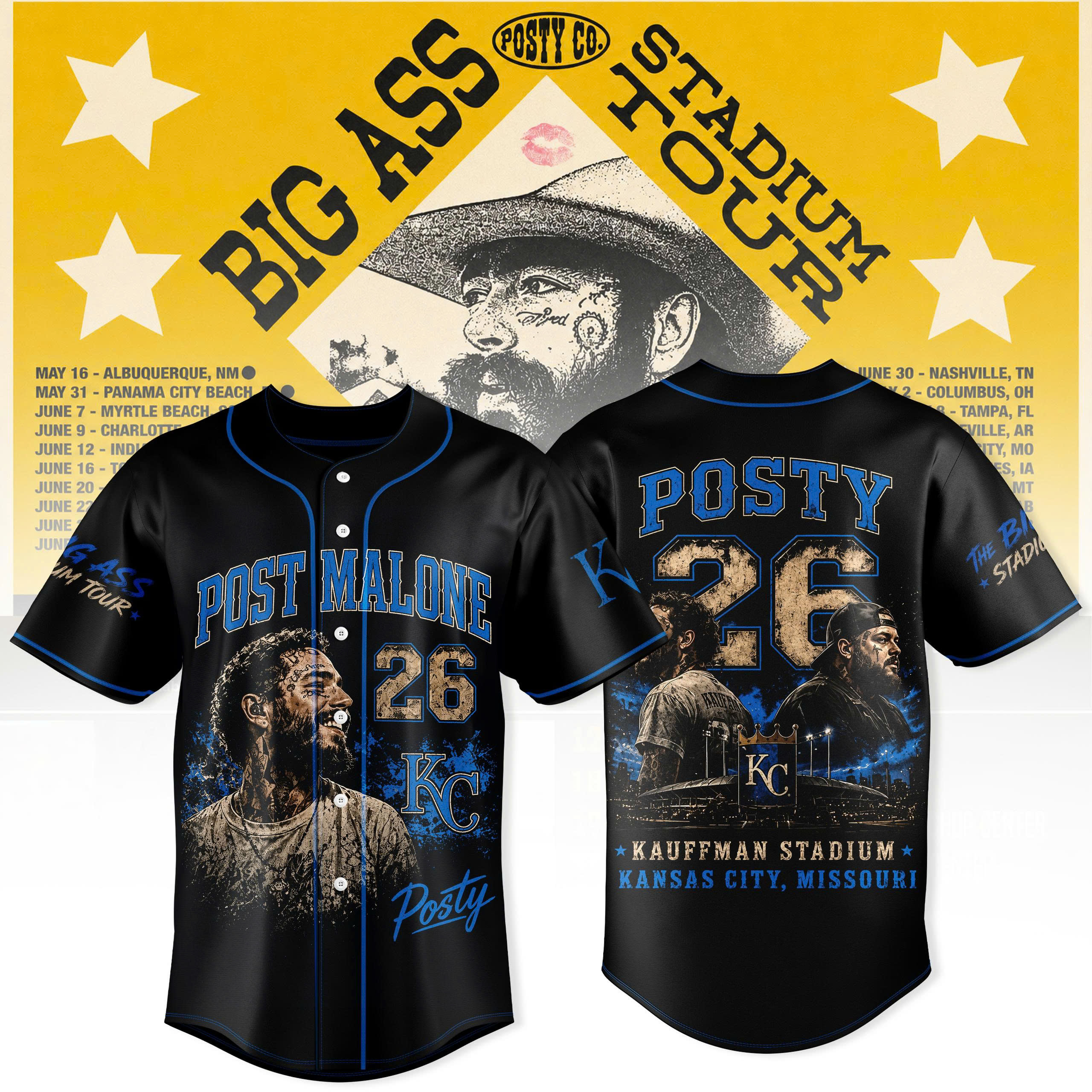 Post Malone Kansas City Tour 2026 Kauffman Stadium Premium Fan Baseball Jersey