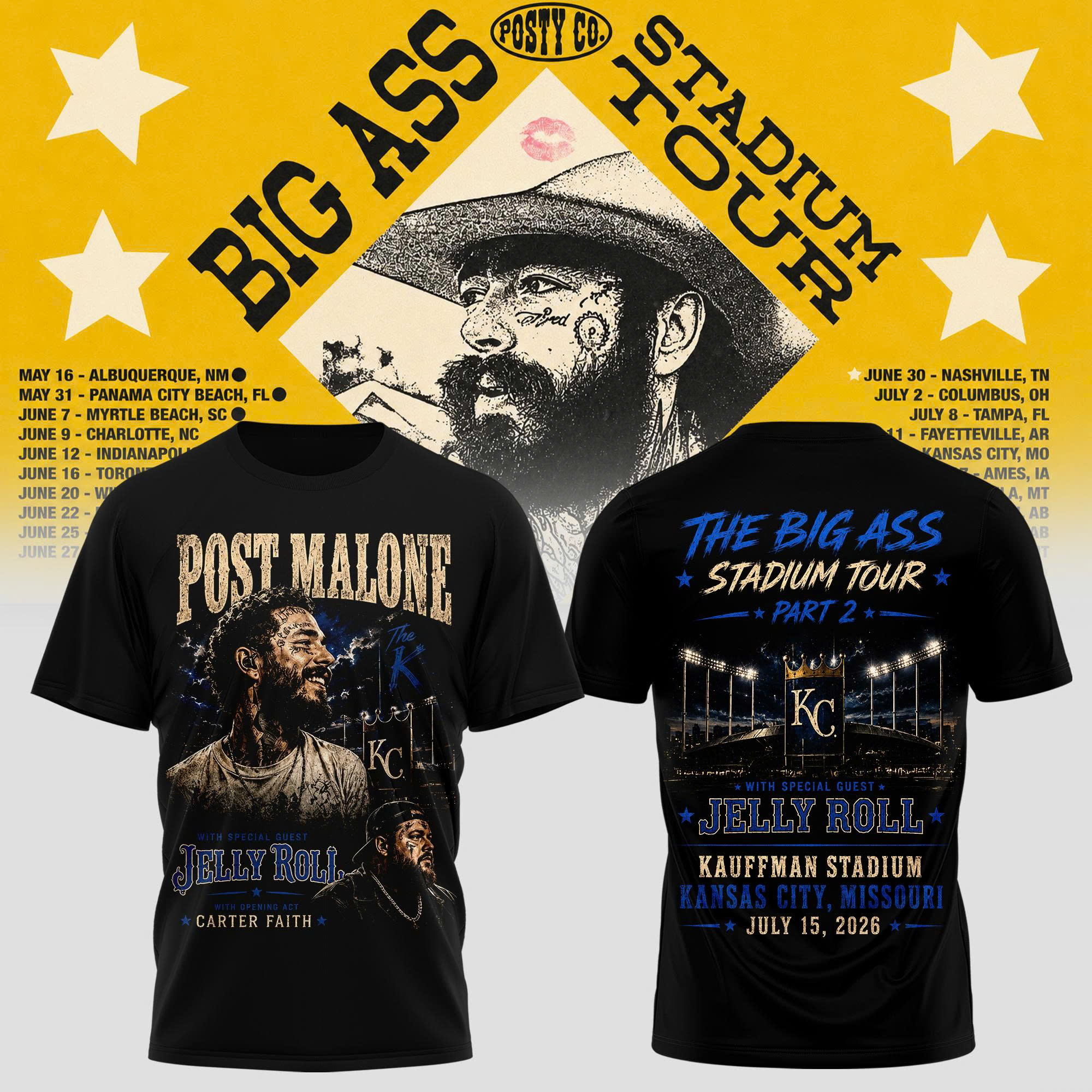 Post Malone Kansas City Tour 2026 Kauffman Stadium Vintage Tour Tee