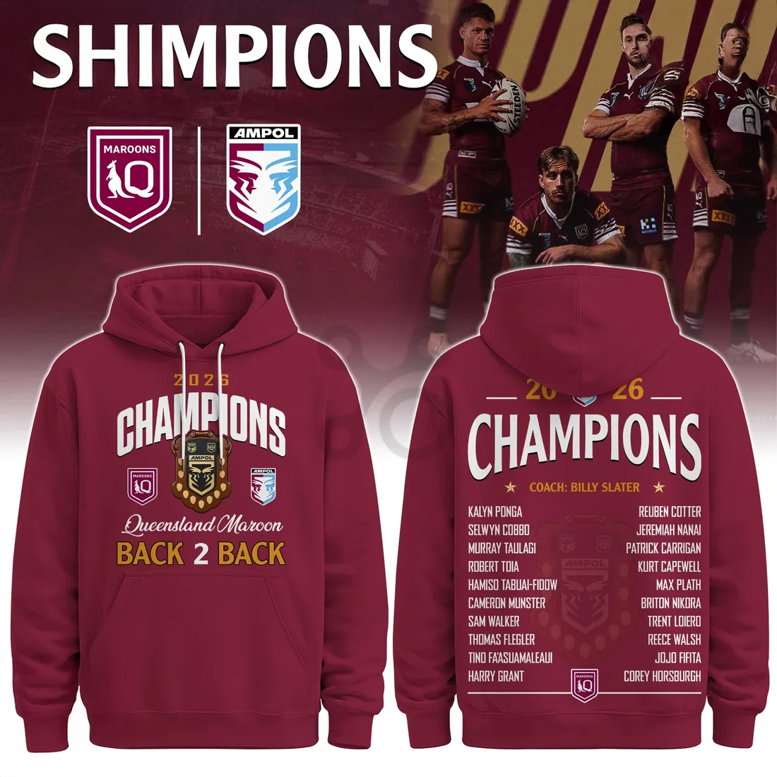 Queensland Maroons 2026 Back To Back Champions Premium Hoodie