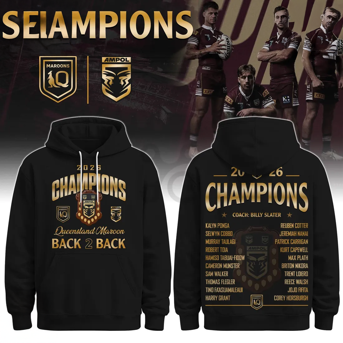 Queensland Maroons Back To Back Champions Black Fan Hoodie