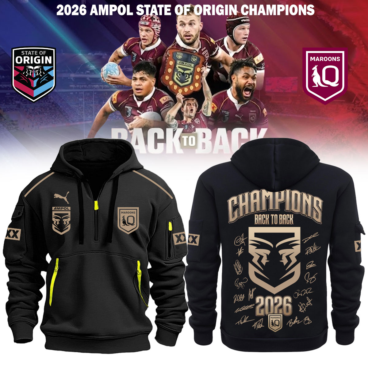 Queensland Maroons Back To Back Champions Premium Hoodie Jacket