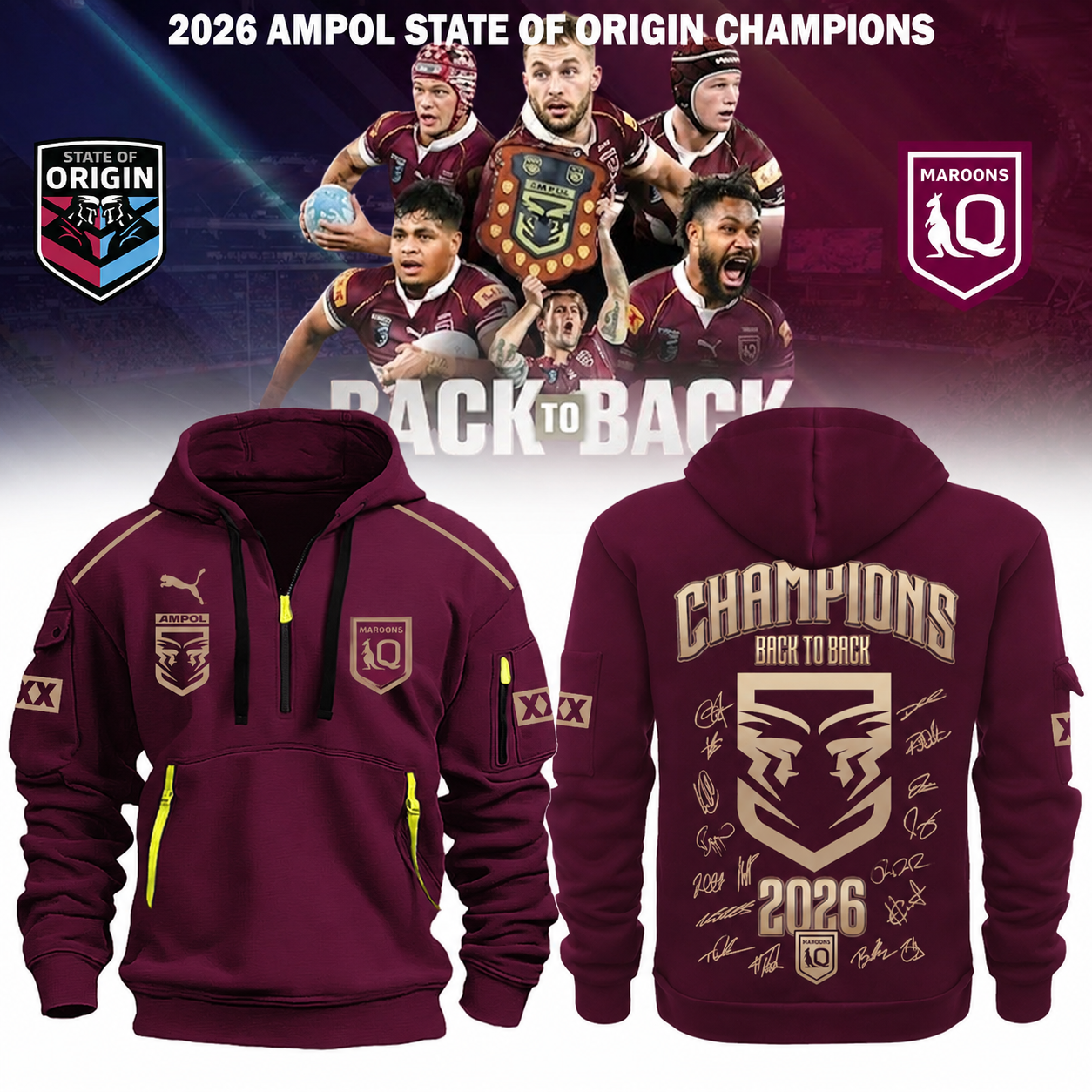 Queensland Maroons Back To Back Champions Premium Hoodie Jacket