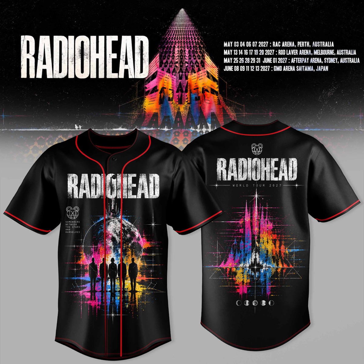 Radiohead Australia Tour 2027 Baseball Jersey Black Colorful Abstract Back Print Fanwear 2 - Unicasport Radiohead Australia Tour 2027 Baseball Jersey Black Colorful Abstract Back Print Fanwear