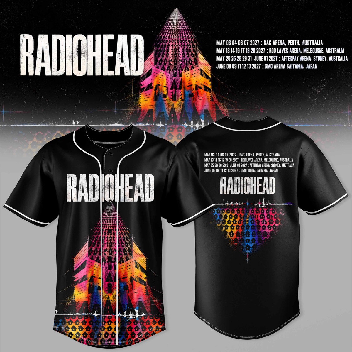 Radiohead Australia Tour 2027 Baseball Jersey Black Neon Pattern Music Tour Collection 1 - Unicasport Radiohead Australia Tour 2027 Baseball Jersey Black Neon Pattern Music Tour Collection
