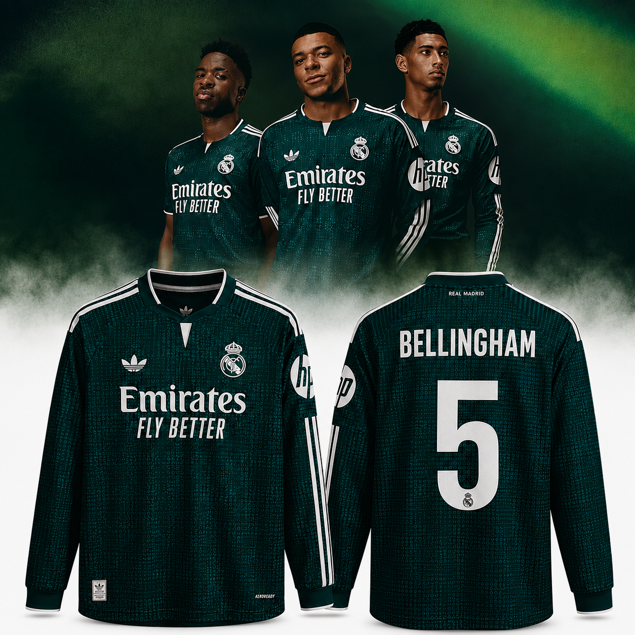 Real Madrid Long Sleeve Football Jersey Dark Green Bellingham Number Fan Shirt