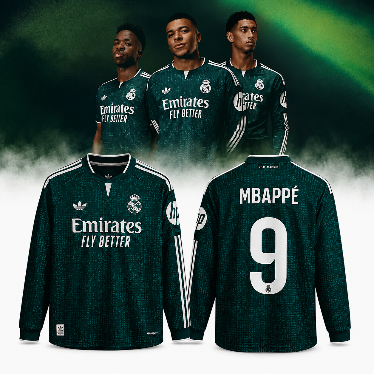 Real Madrid Long Sleeve Football Jersey Dark Green Mbappe Number Fan Shirt