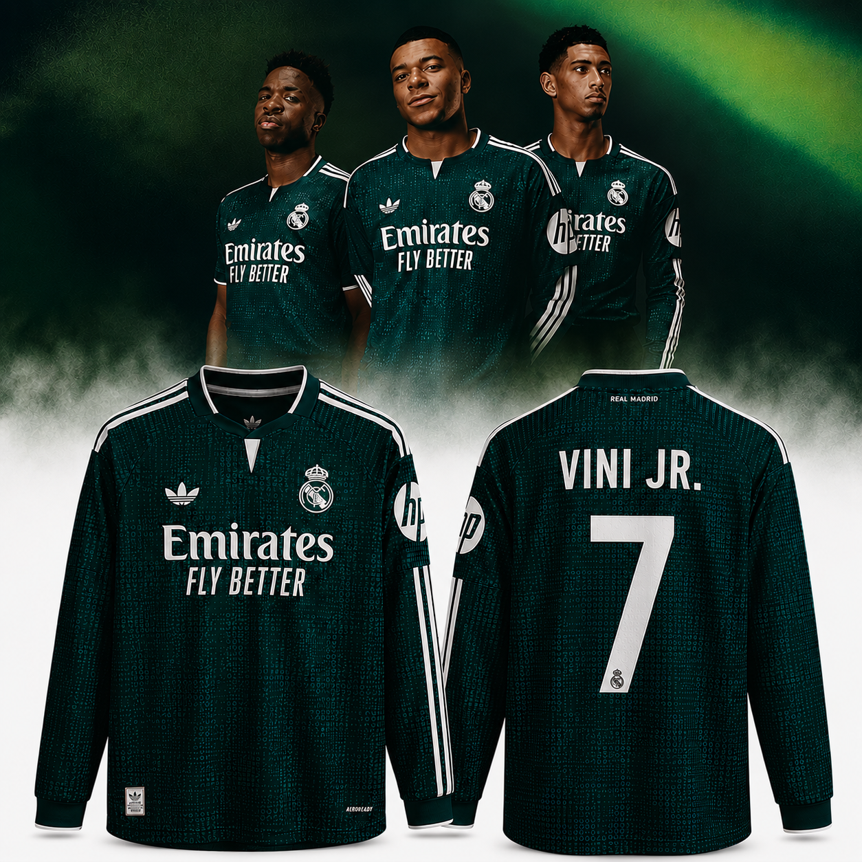 Real Madrid Long Sleeve Football Jersey Dark Green Vini Jr Number Fan Shirt