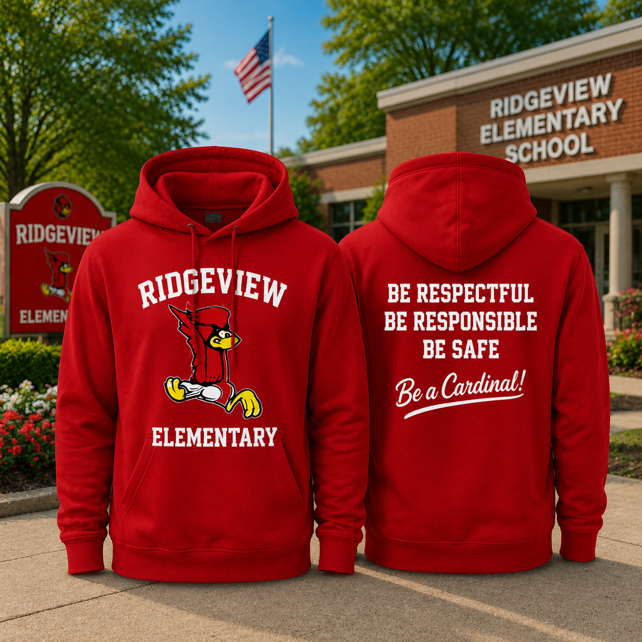 Ridgeview Elementary Cardinal Mascot School Spirit Hoodie Front and Back Graphic Teacher Student Gift