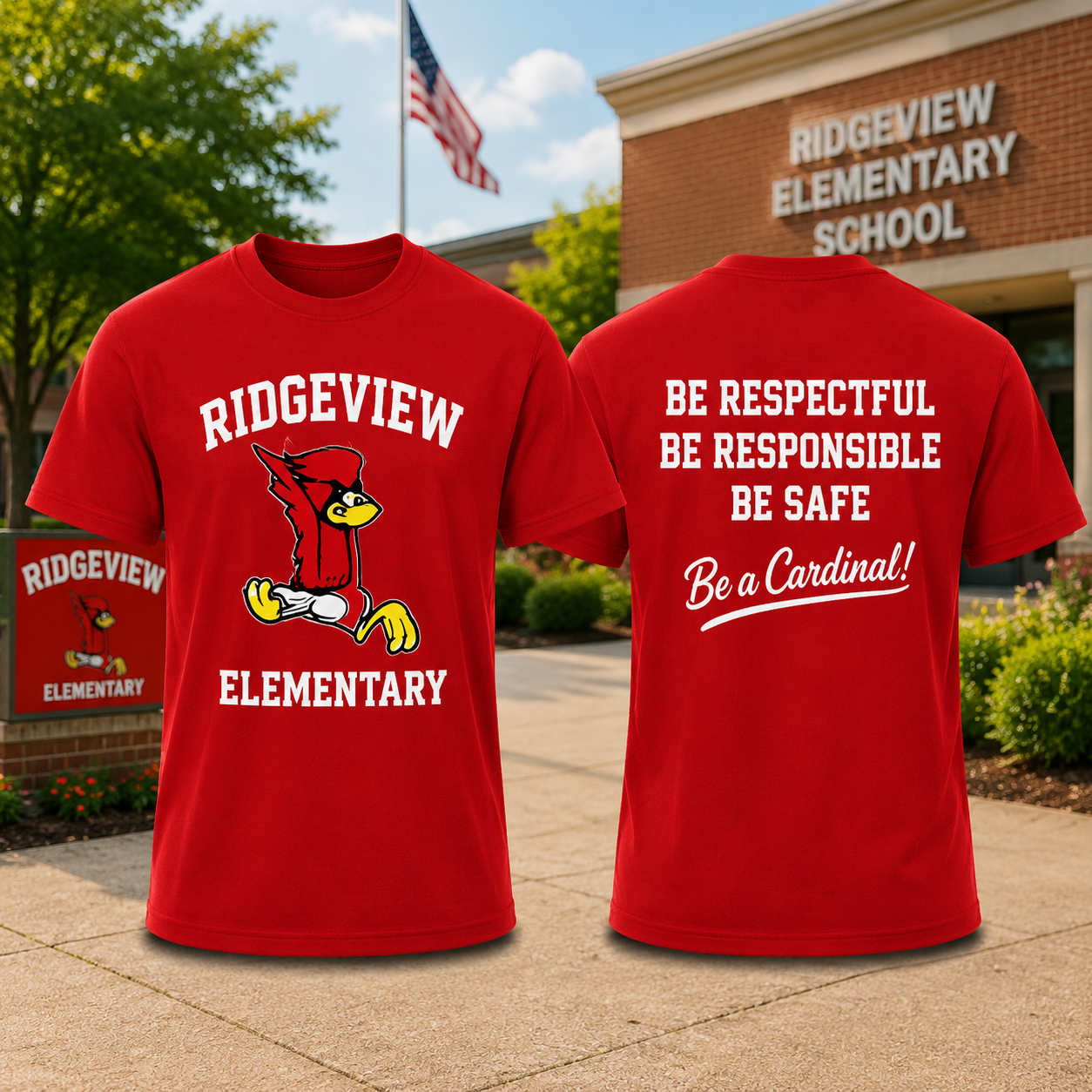 Ridgeview Elementary Cardinal Mascot School Spirit T-Shirt Front and Back Graphic Teacher Student Gift