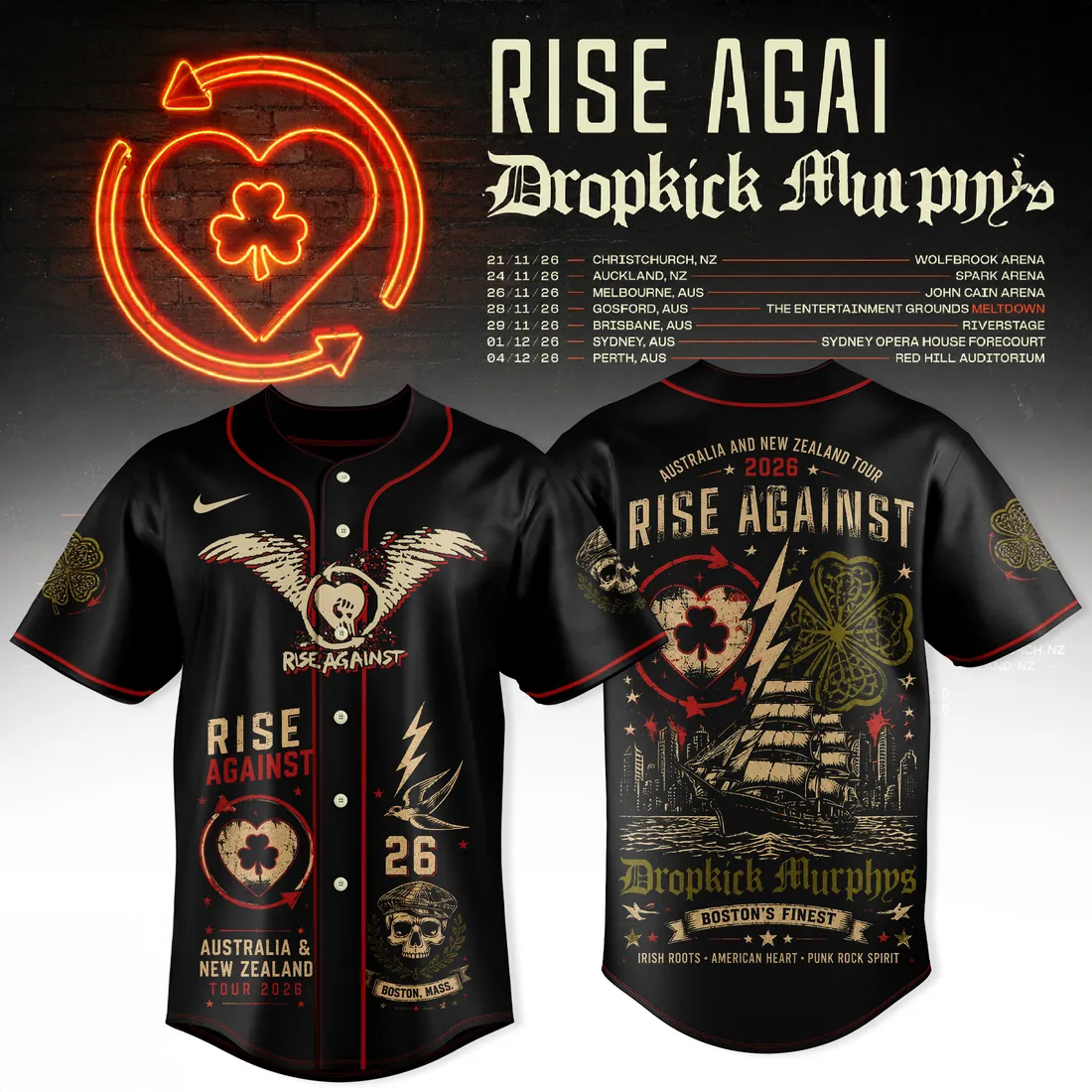 Rise Against x Dropkick Murphys 2026 Tour Black Baseball Jersey Collection