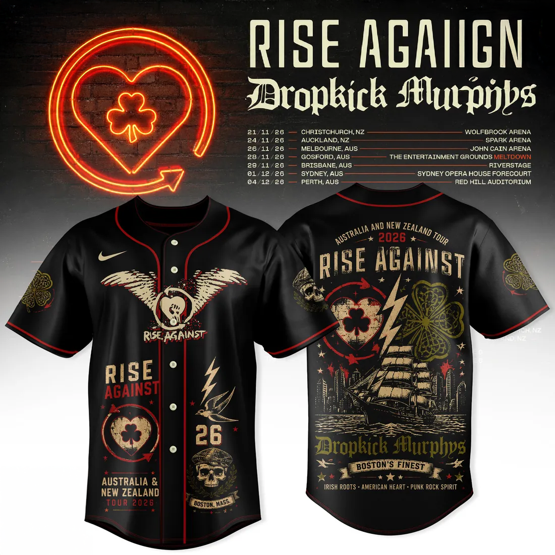 Rise Against x Dropkick Murphys 2026 Tour Black Baseball Jersey Collection