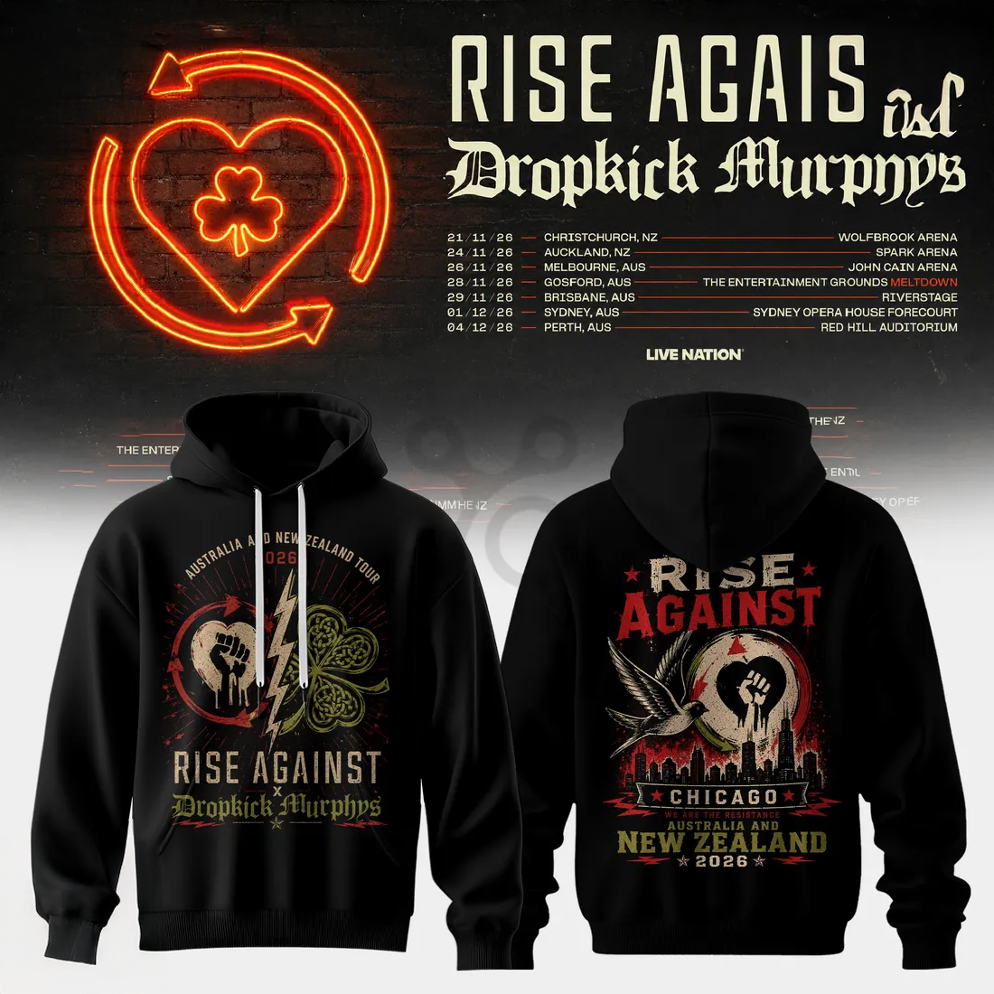Rise Against x Dropkick Murphys 2026 Tour Official Black Fan Hoodie