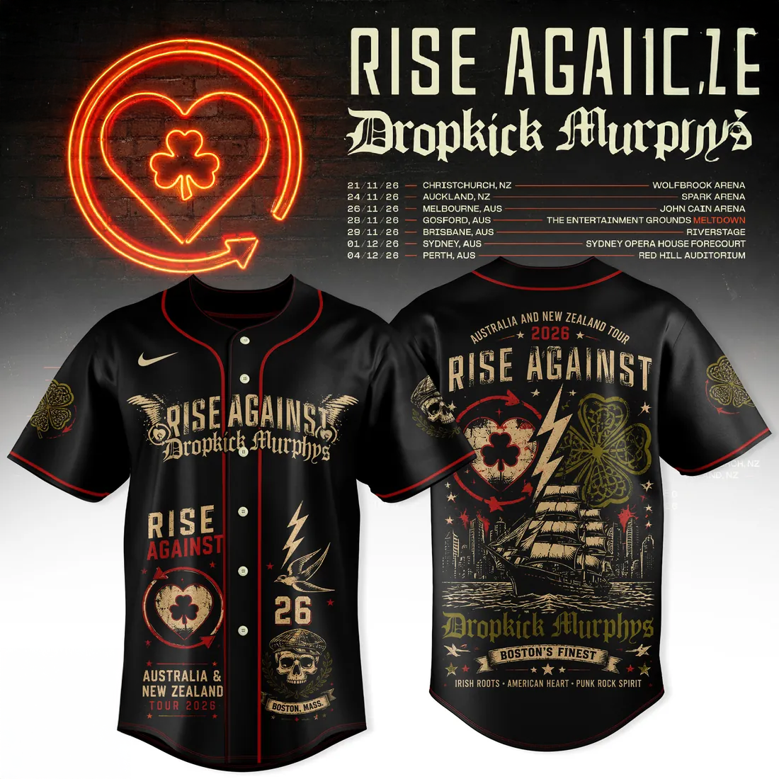 Rise Against x Dropkick Murphys 2026 Tour Premium Black Baseball Jersey