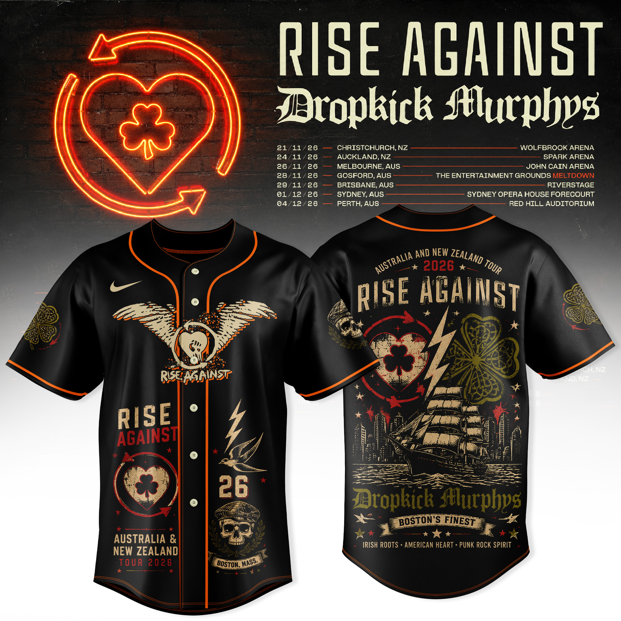 Rise Against x Dropkick Murphys AUNZ Tour 2026 Limited Baseball Jersey