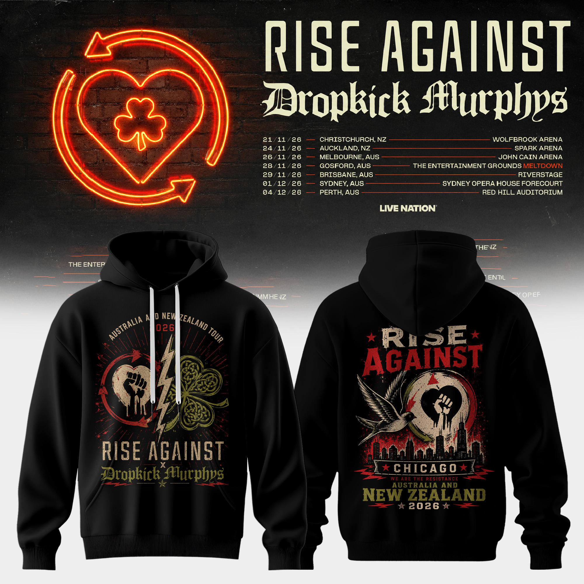 Rise Against x Dropkick Murphys AUNZ Tour 2026 Limited Tour Hoodie