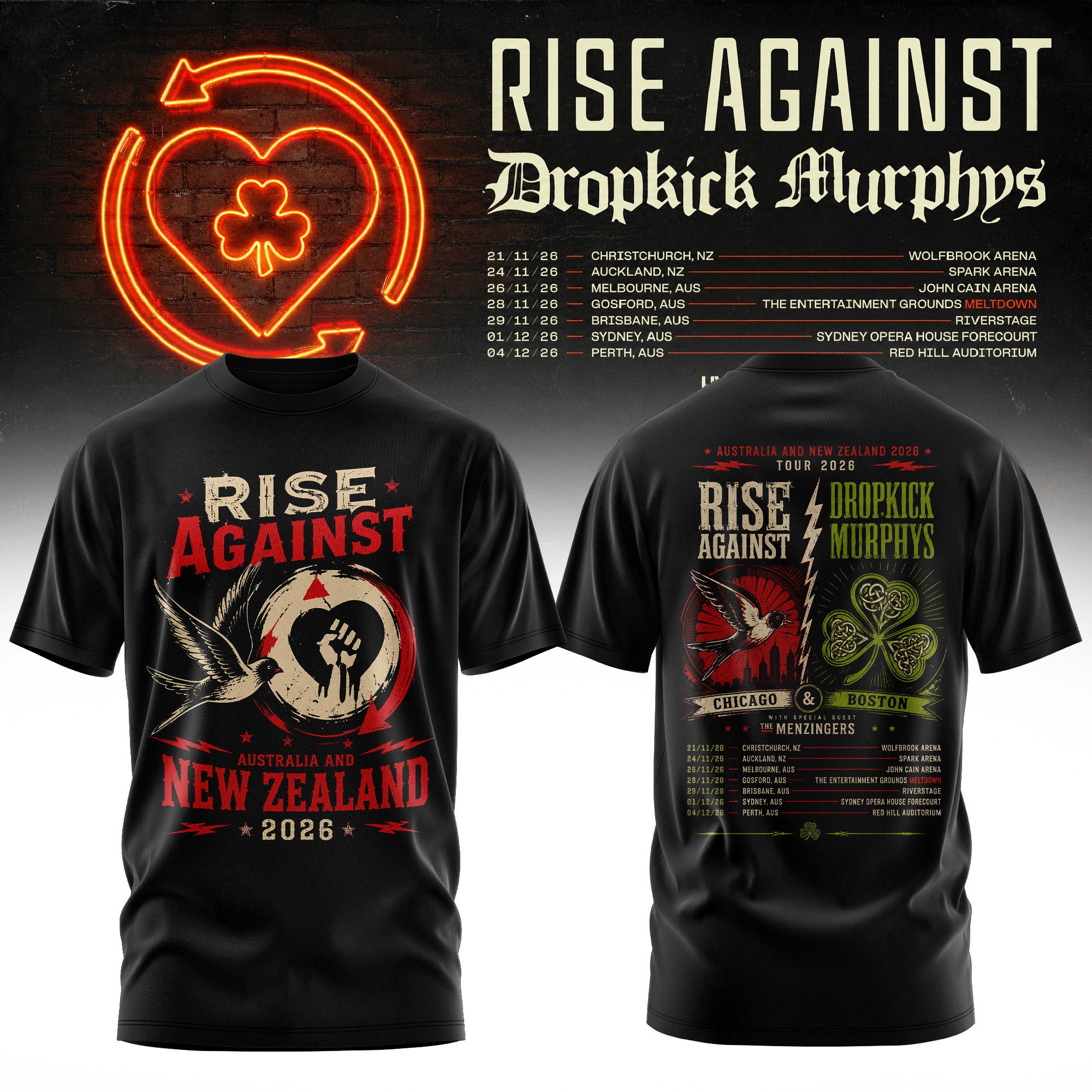 Rise Against x Dropkick Murphys AUNZ Tour 2026 Official Graphic T Shirt