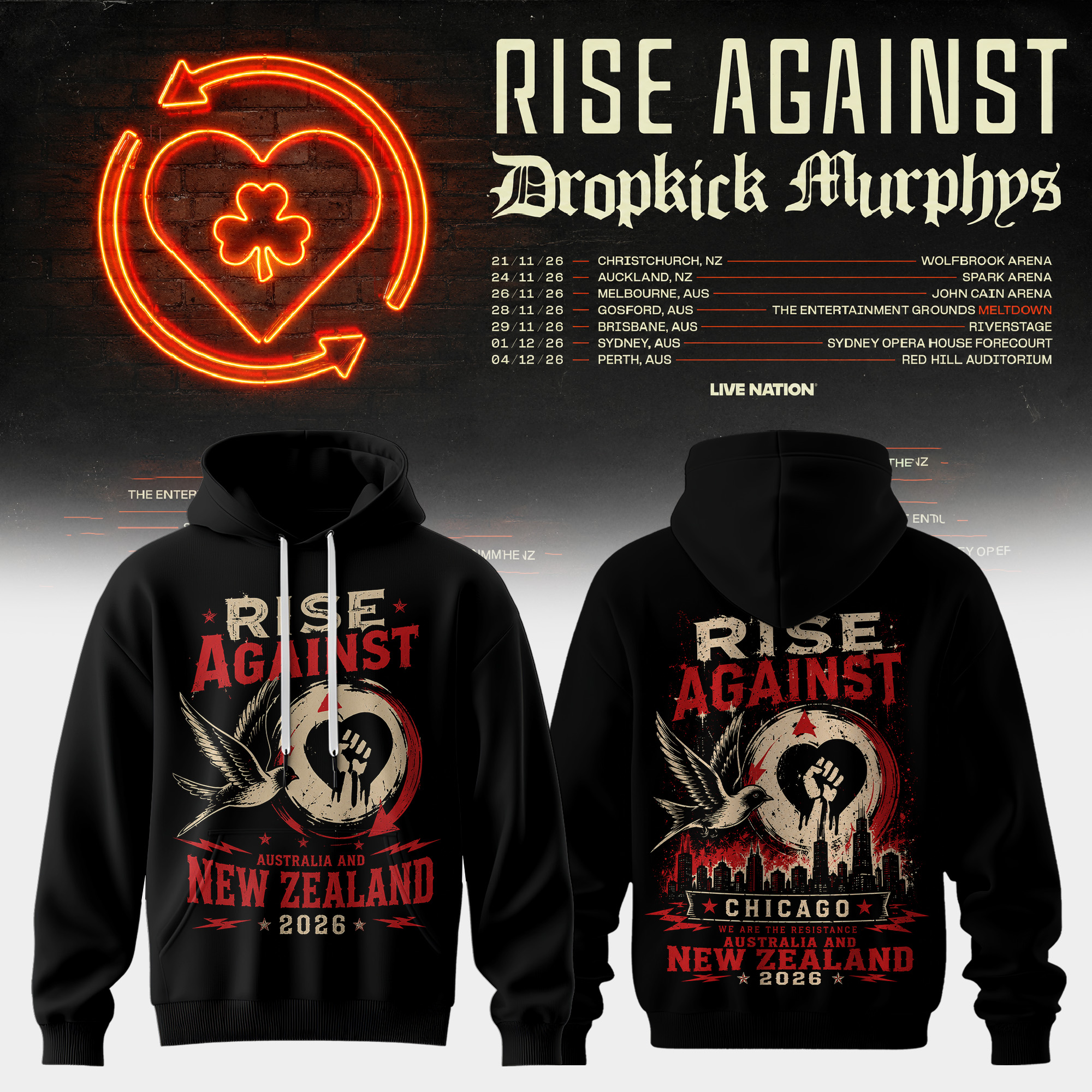 Rise Against x Dropkick Murphys AUNZ Tour 2026 Official Merchandise Hoodie